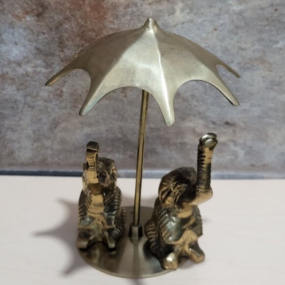 Vintage Two Elephants Trunks Raised  Under Umbrella Solid Brass Statue - Picture 1 of 12